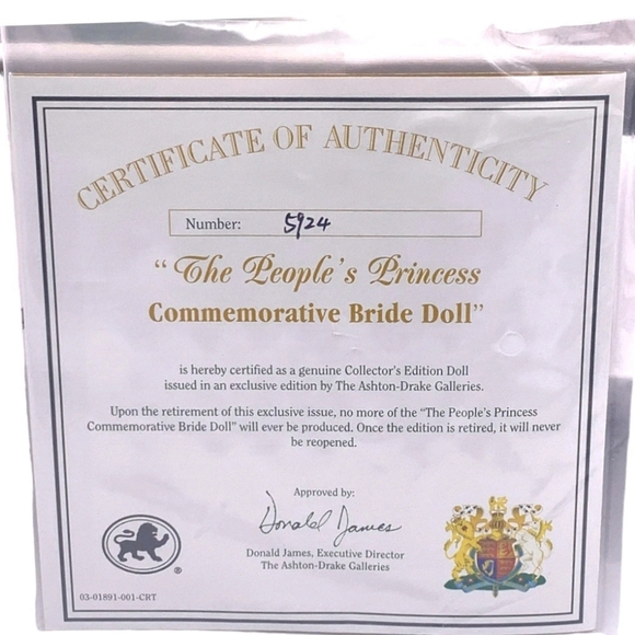 Ashton Drake Collectable Princess Diana Bride Doll The People's Princess NEW Wht - Picture 7 of 12